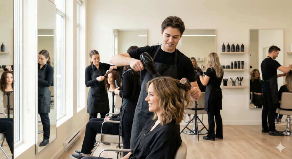 Salon academy student performing scalp-first hair analysis before styling to ensure healthy scalp and hair care in 2026