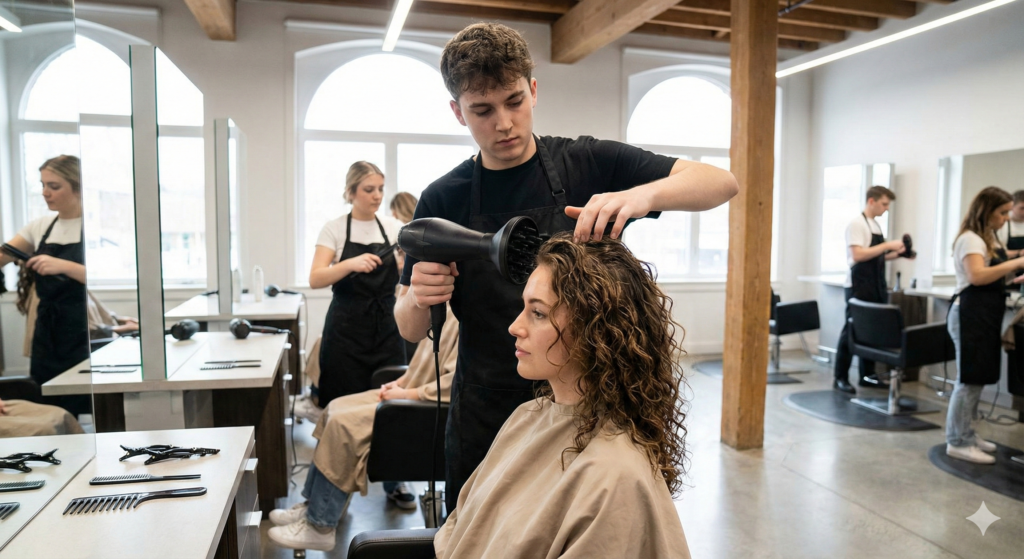 Salon academy student enhancing natural hair texture using professional styling techniques during training.