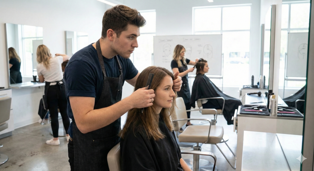 Salon academy student customizing a haircut based on client face shape and hair texture during professional training